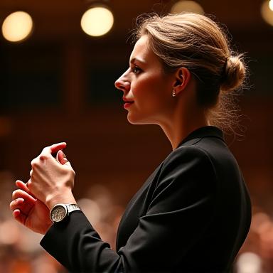 Porträt einer Dirigentin in einem Konzertsaal, mit einer dezenten Uhr am Handgelenk