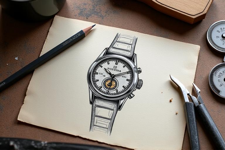 Handgezeichnete Entwurfsskizze einer massgefertigten Uhr neben Werkzeugen