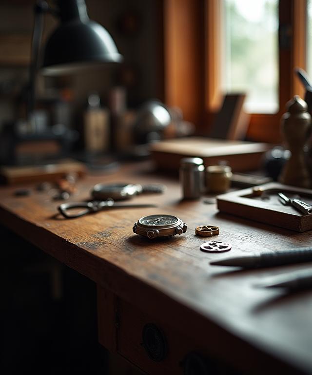 Atmosphärische Aufnahme der aufgeräumten Werkbank eines Uhrmachers in Genf